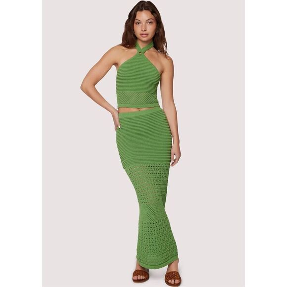 LOST & WONDER Olivia Top & Maxi Skirt Set GREEN Boho Crochet Knit size S NWT - Picture 1 of 7